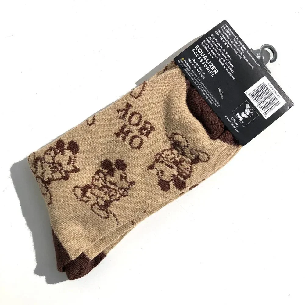 Disney Mickey Mouse OH BOY Crew Socks Size 9-13 Tan Brown New 081715031060